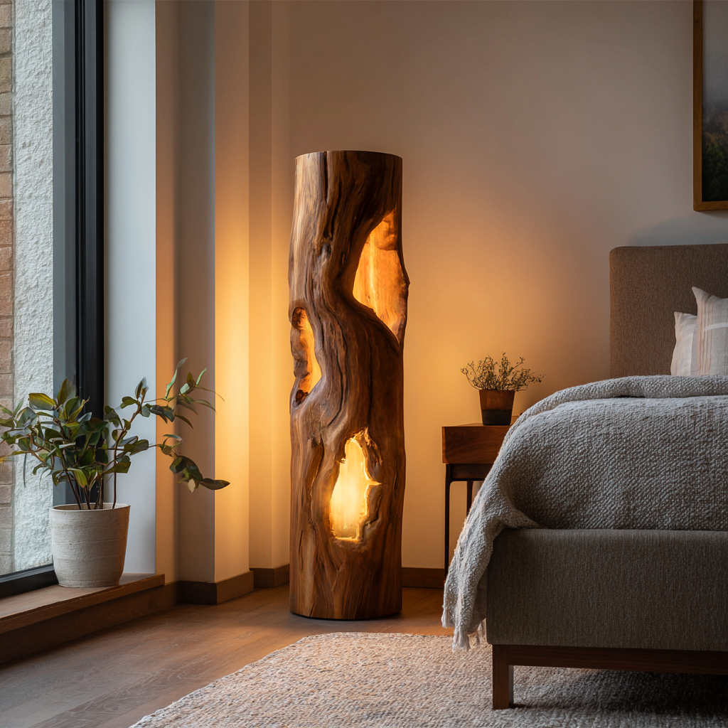Handcrafted Wooden Floor Lamp With Multi Hollow For Home Decor