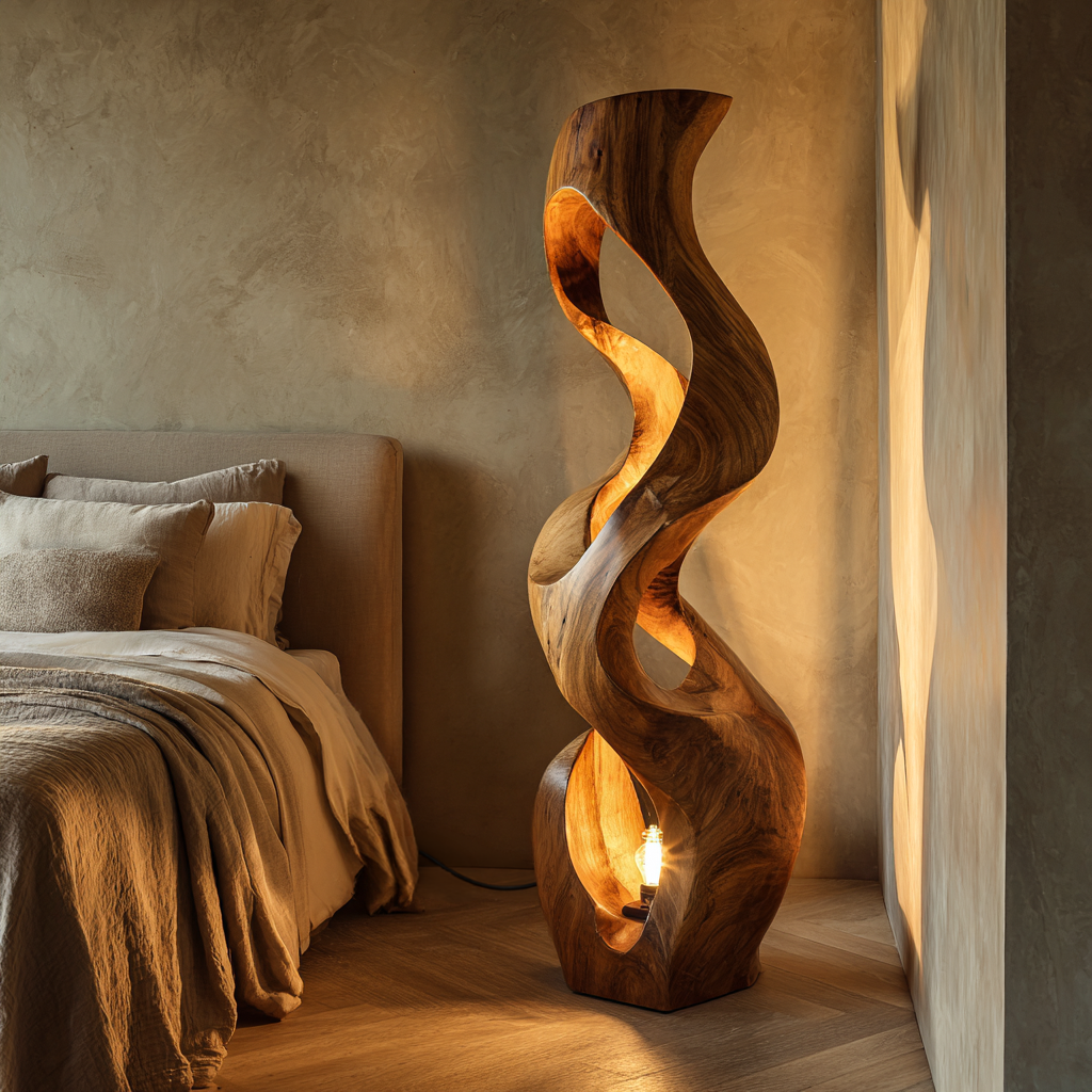 Artistic Wooden Floor Lamp With Flowing Form For Bedroom