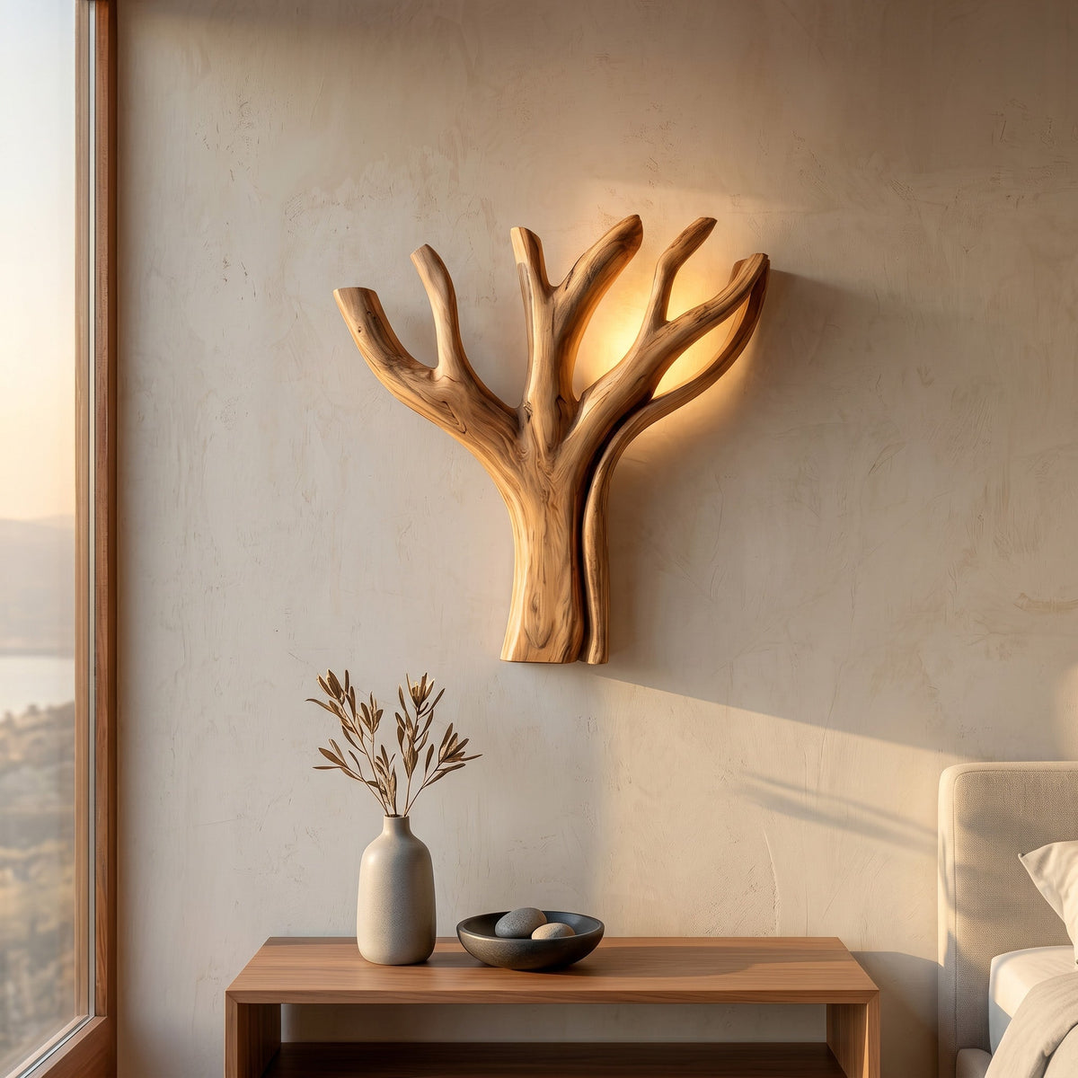 Modern Sculptural Wooden Lamp For Elegant Bedroom Interior