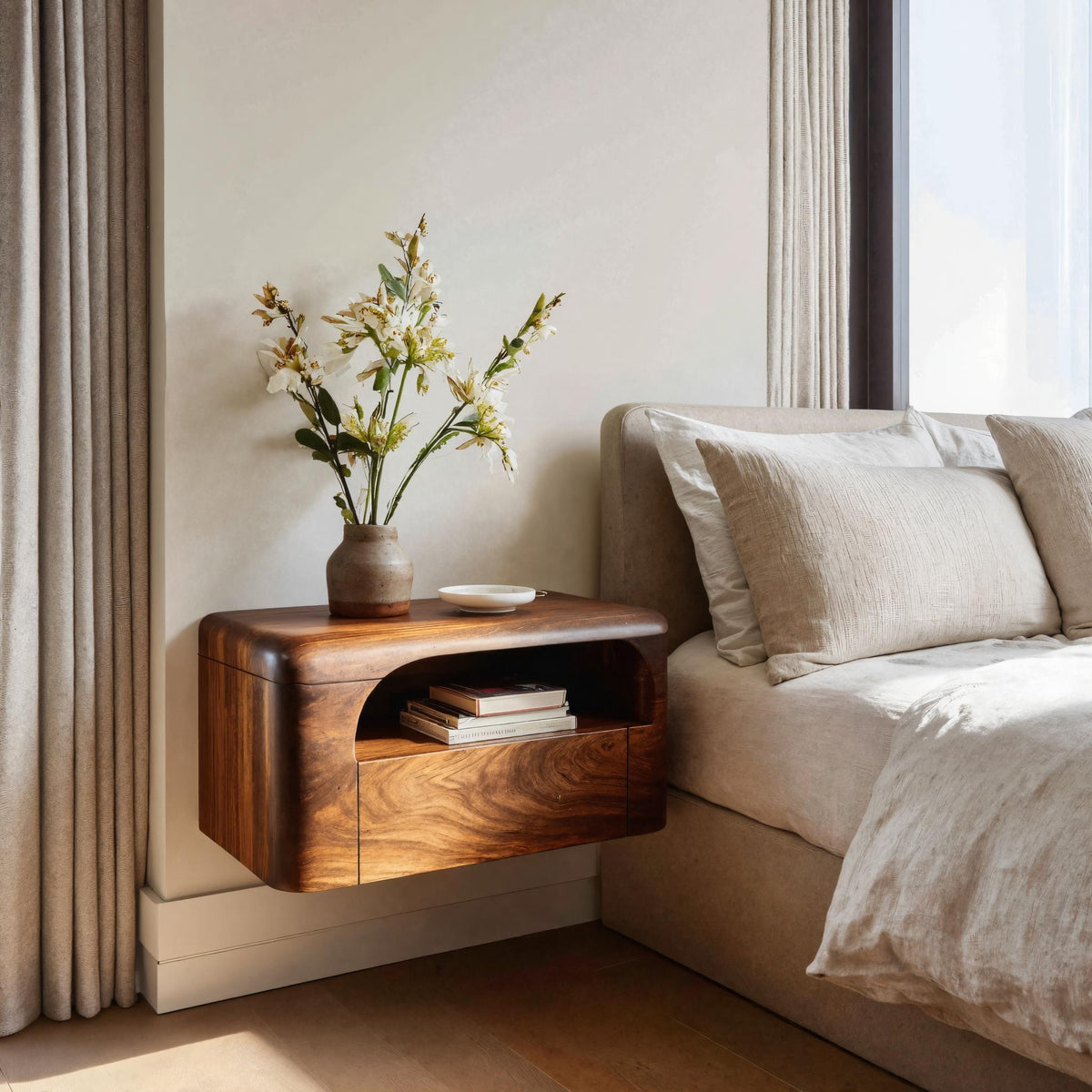 Organic Wall Mounted Bedside Table With Drawer For Bedroom
