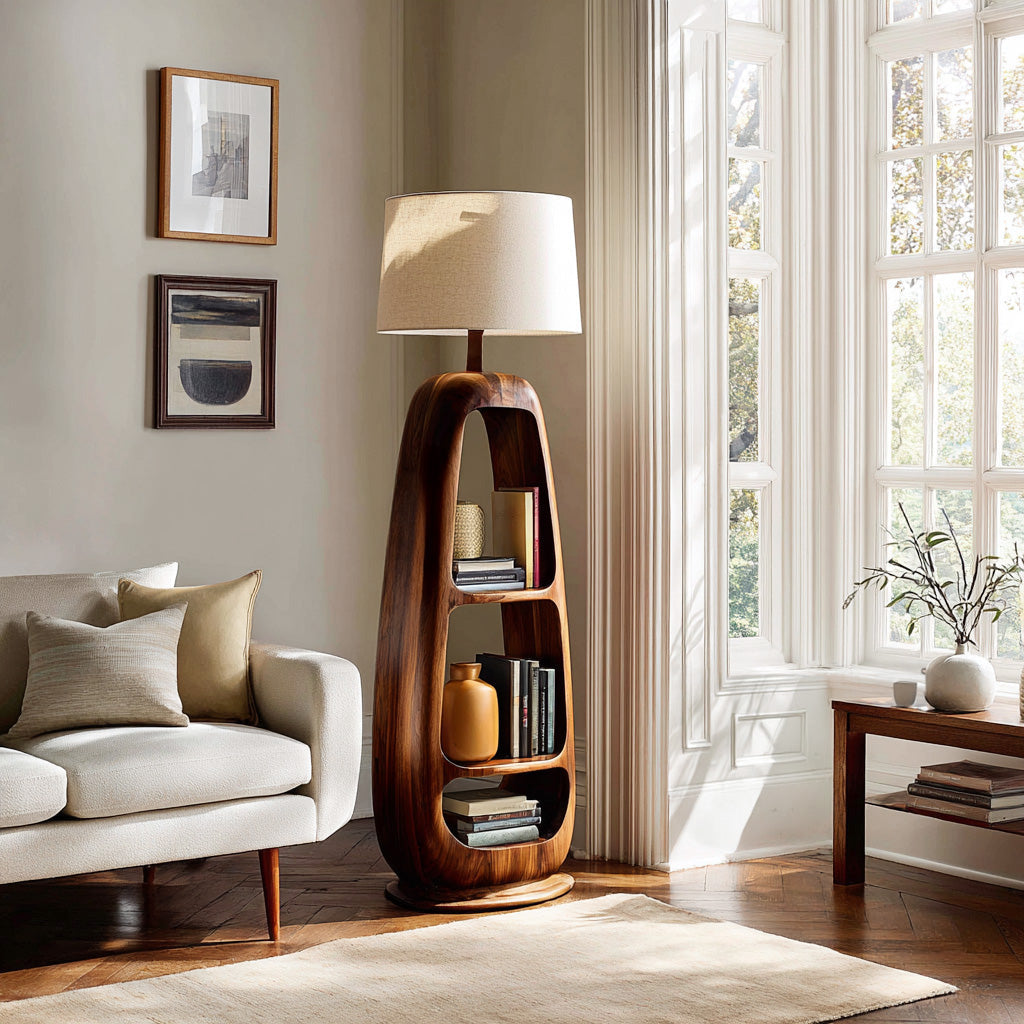 Minimalist Wooden Floor Lamp With Multiple Shelves For Living Decor