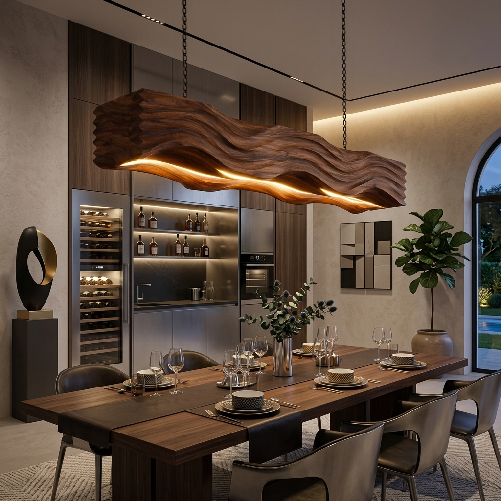 Sculpted Pendant Light Featuring Flowing Wave Carving For Dining