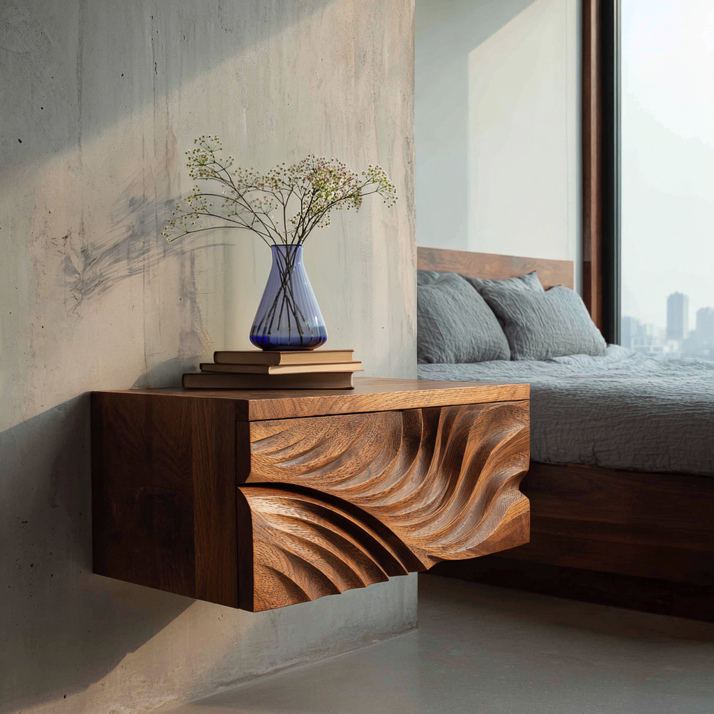 Elegant Wooden Floating Nightstand With Carved Front For Bedroom