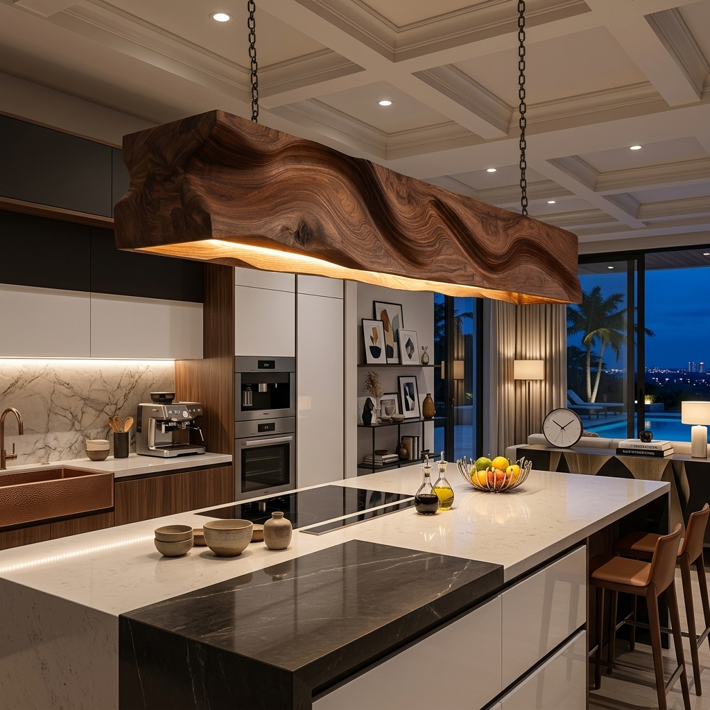 Handcrafted Pendant Light With Wave Carved Surface For Kitchen