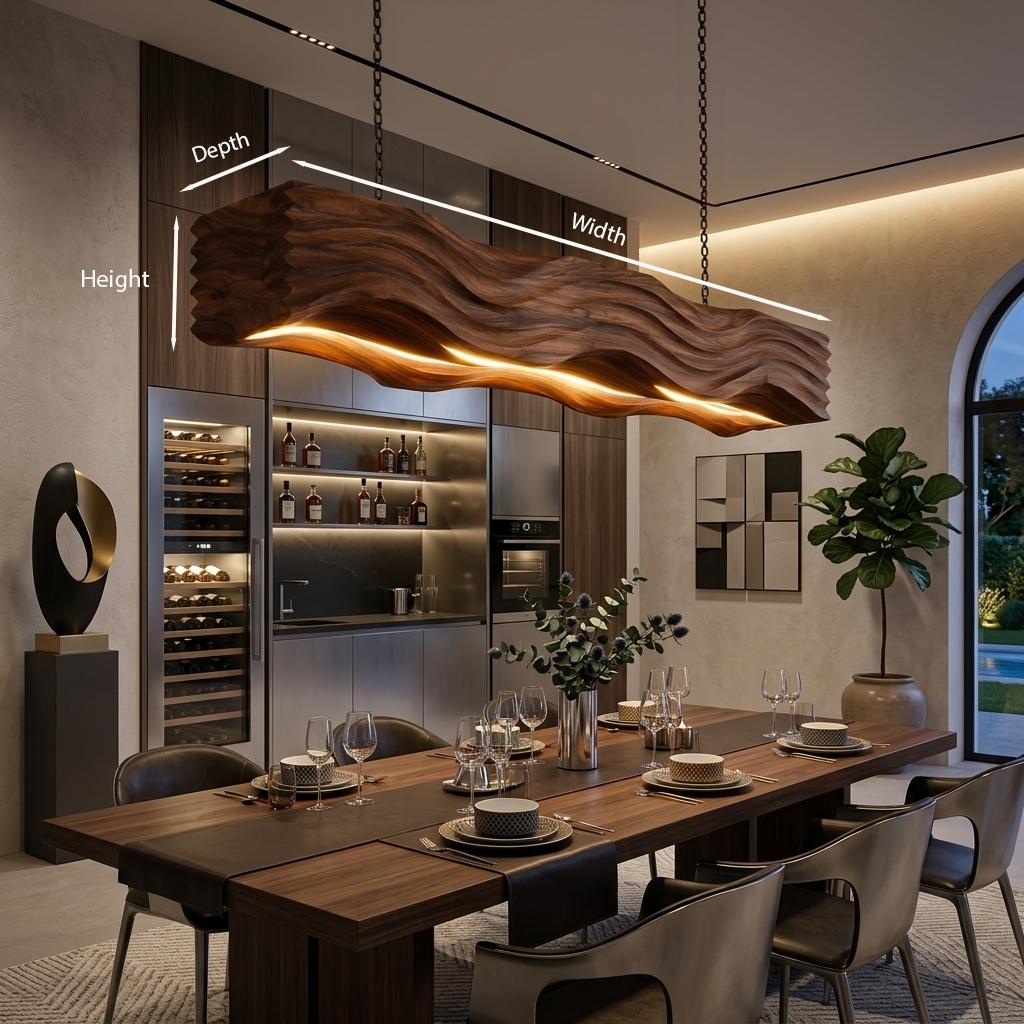 Sculpted Pendant Light Featuring Flowing Wave Carving For Dining