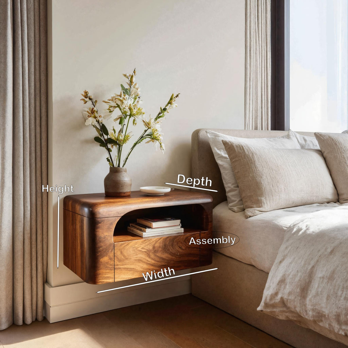 Organic Wall Mounted Bedside Table With Drawer For Bedroom