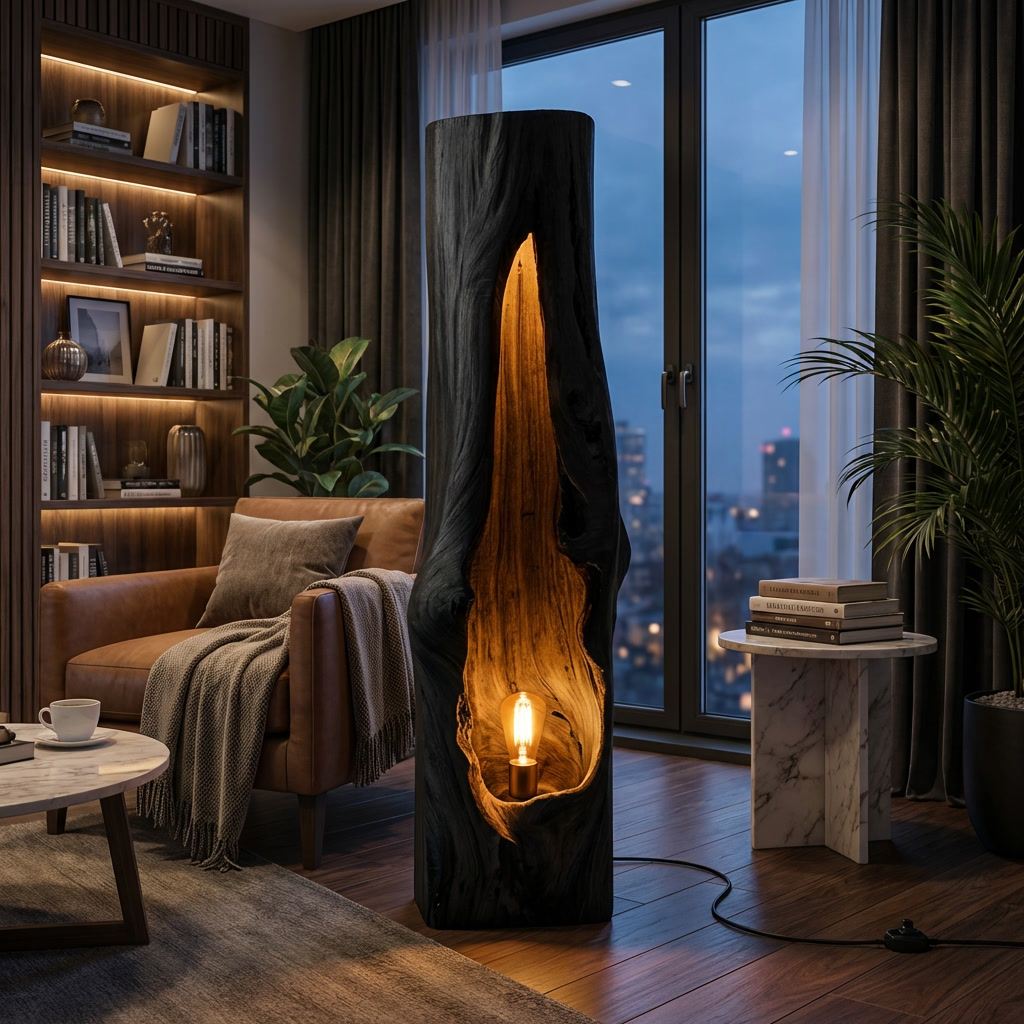 Rustic Wooden Floor Lamp Sculptural Design For Cozy Bedroom