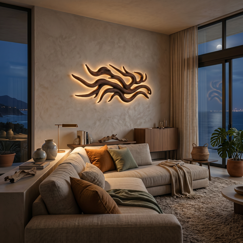 Artistic Wood LED Wall Sculpture Flowing Root Design For Bedroom Decor