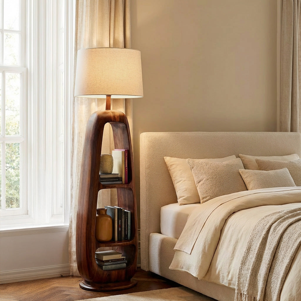 Minimalist Wooden Floor Lamp With Multiple Shelves For Living Decor