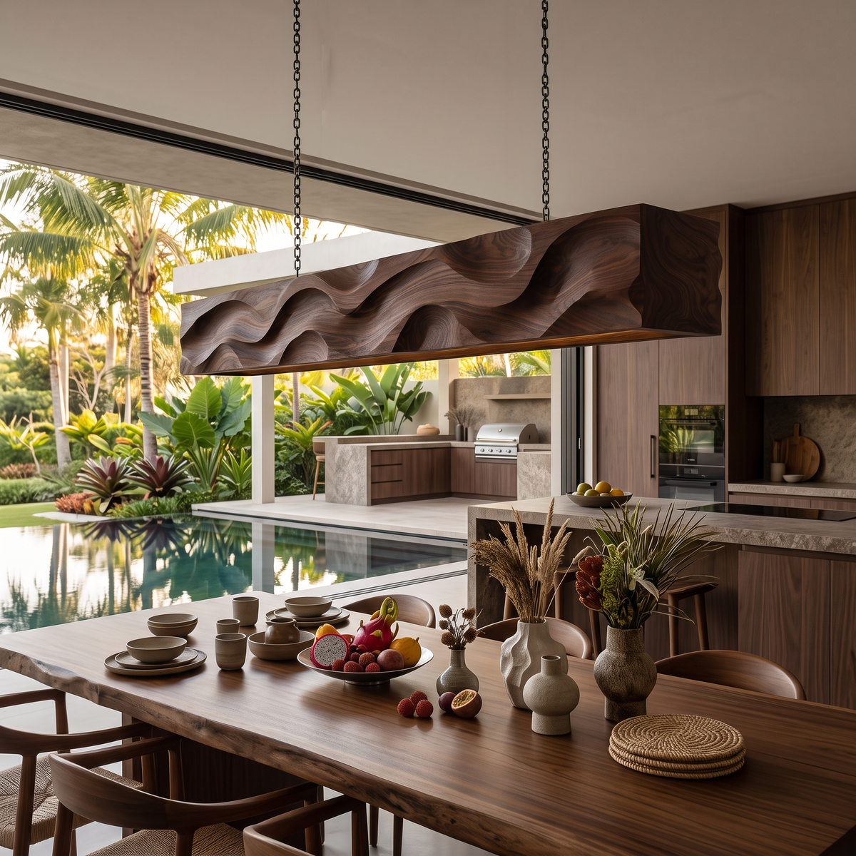 Modern Pendant Light With Carved Wave For Dining Area