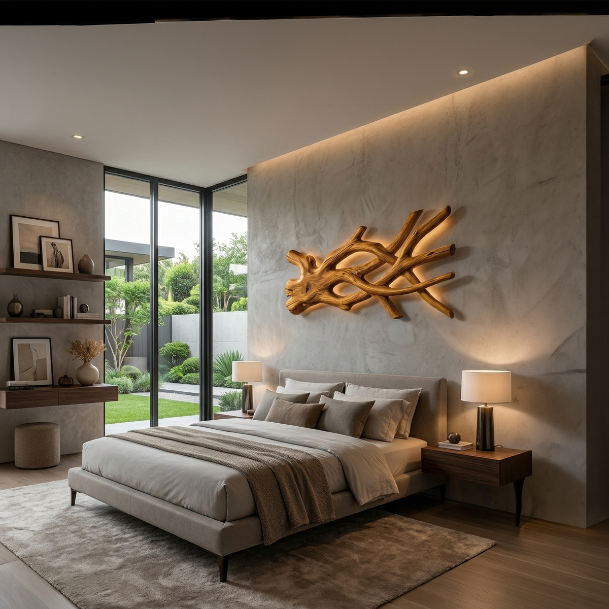 Rustic Sculptural Wood LED Wall Sculpture For Bedroom Interior