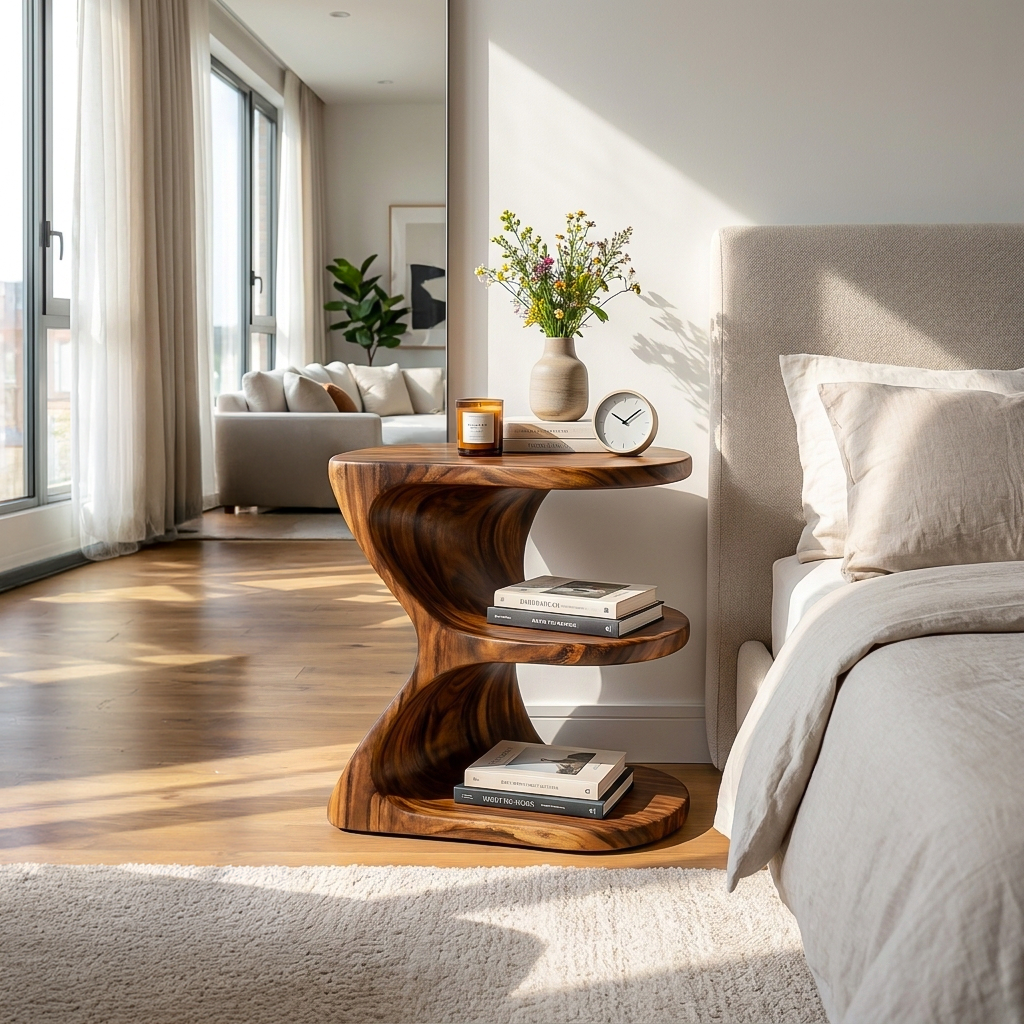Modern Natural Wood Nightstand With E Shape For Bedroom