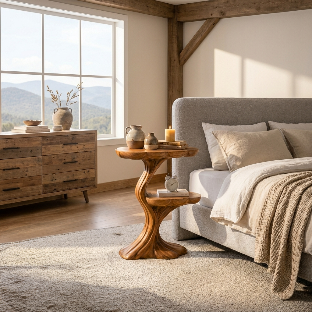 Handcrafted Wooden Nightstand Organic Branch Design For Bedroom