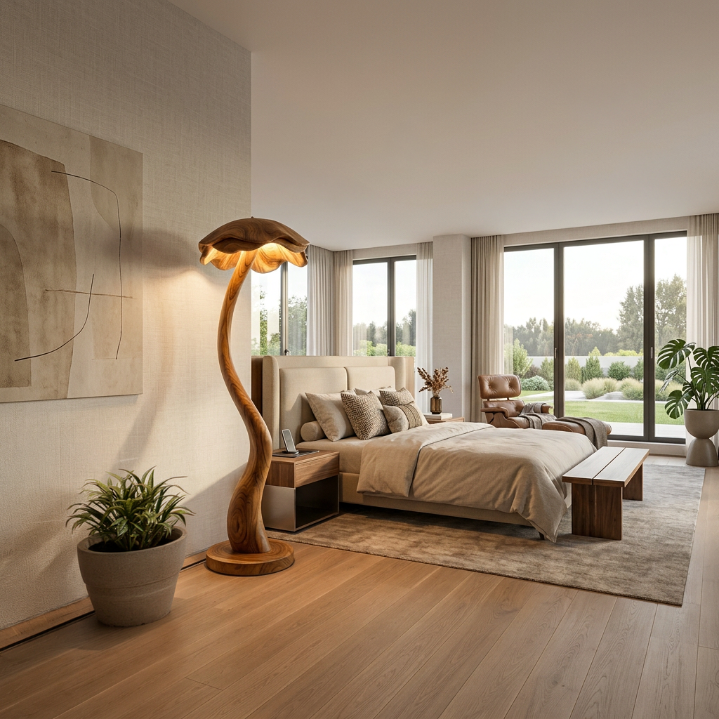 Modern Wooden Floor Lamp With Sculptural Lampshade For Home Decor