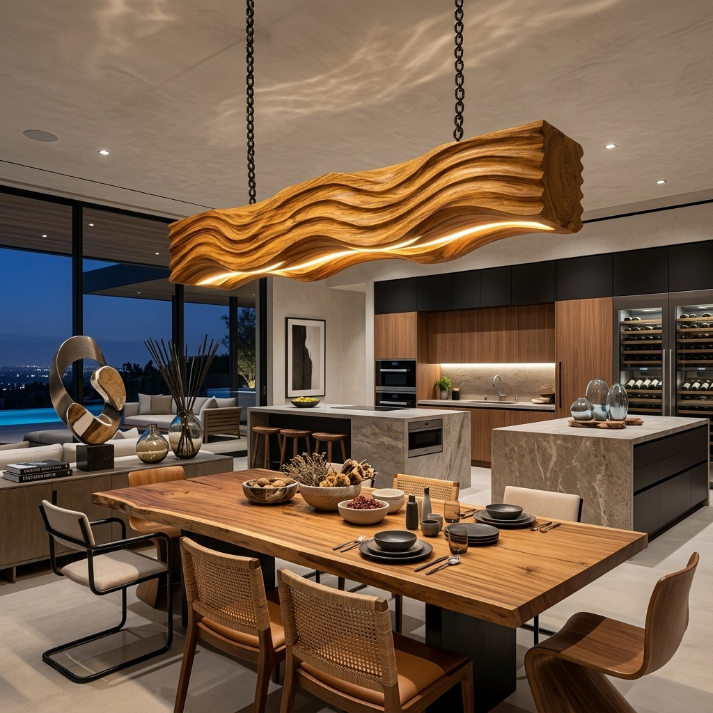 Sculpted Pendant Light Featuring Flowing Wave Carving For Dining