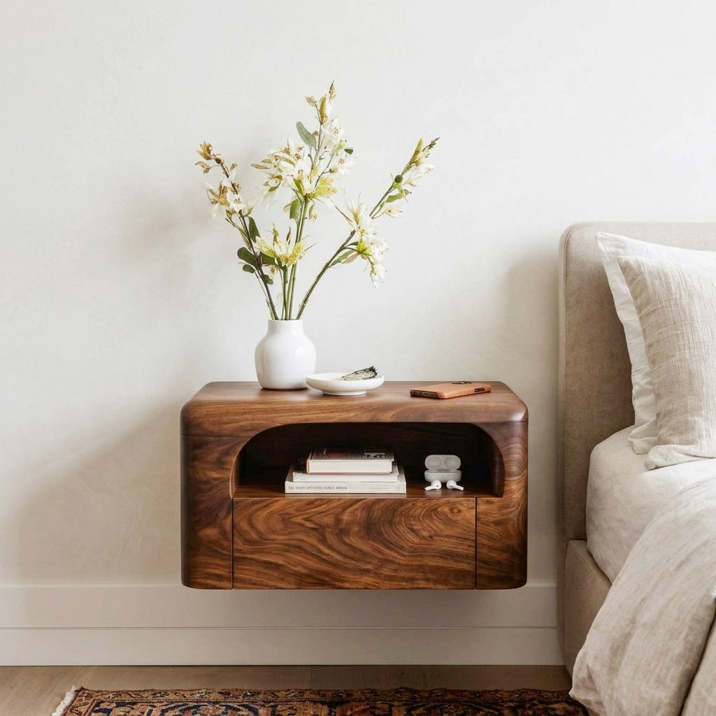 Organic Wall Mounted Bedside Table With Drawer For Bedroom