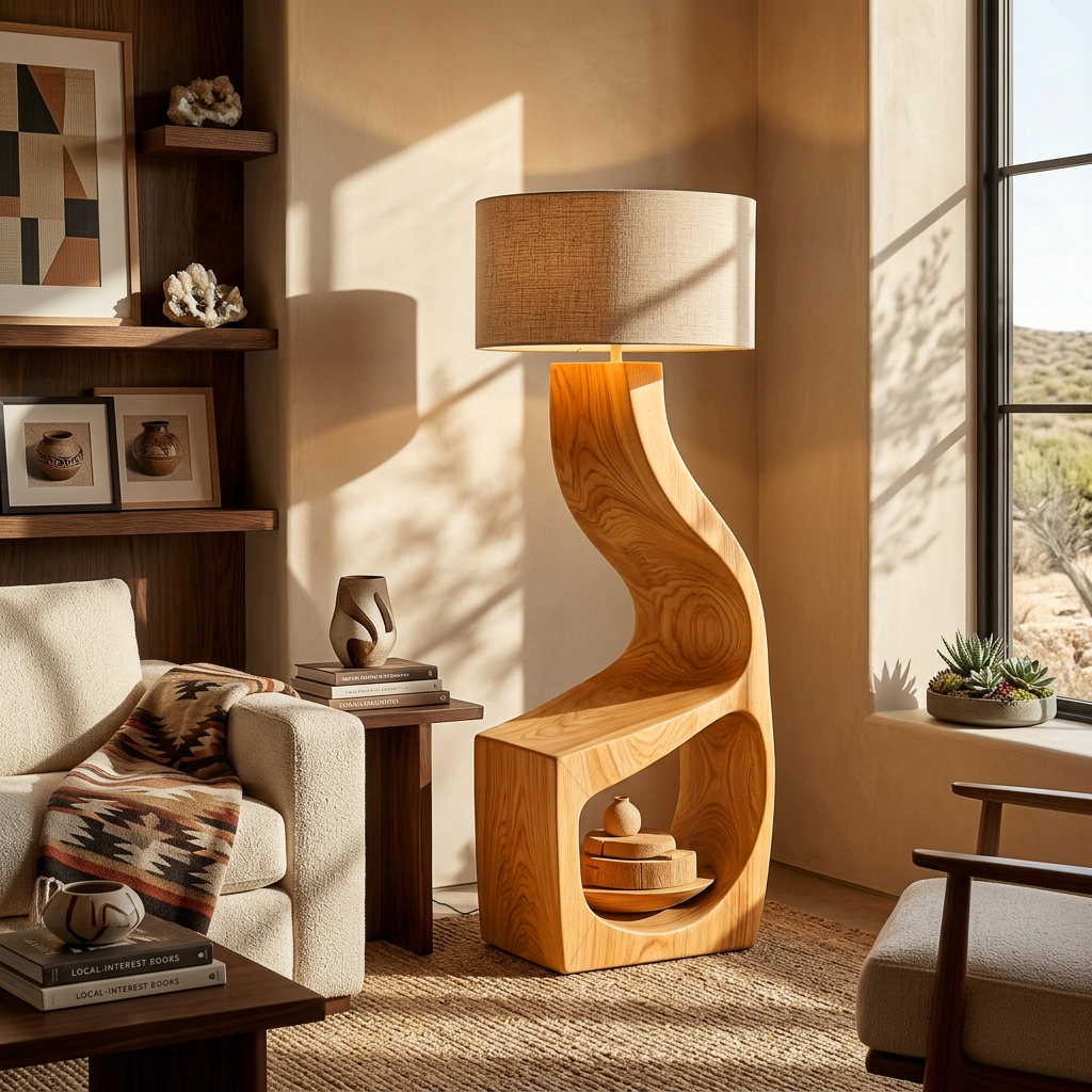 Artistic Natural Wood Standing Lamp With Shelf For Home Library