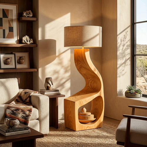 Artistic Natural Wood Standing Lamp With Shelf For Home Library