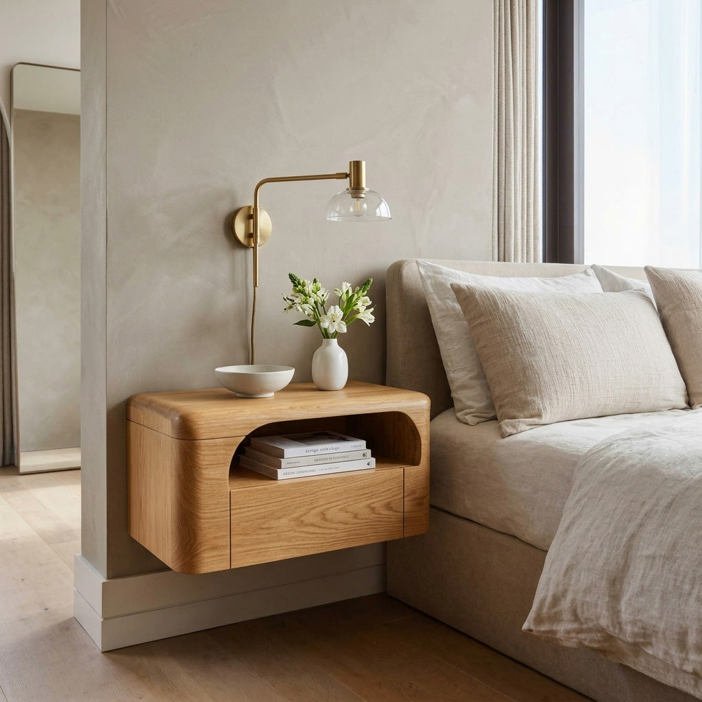 Organic Wall Mounted Bedside Table With Drawer For Bedroom
