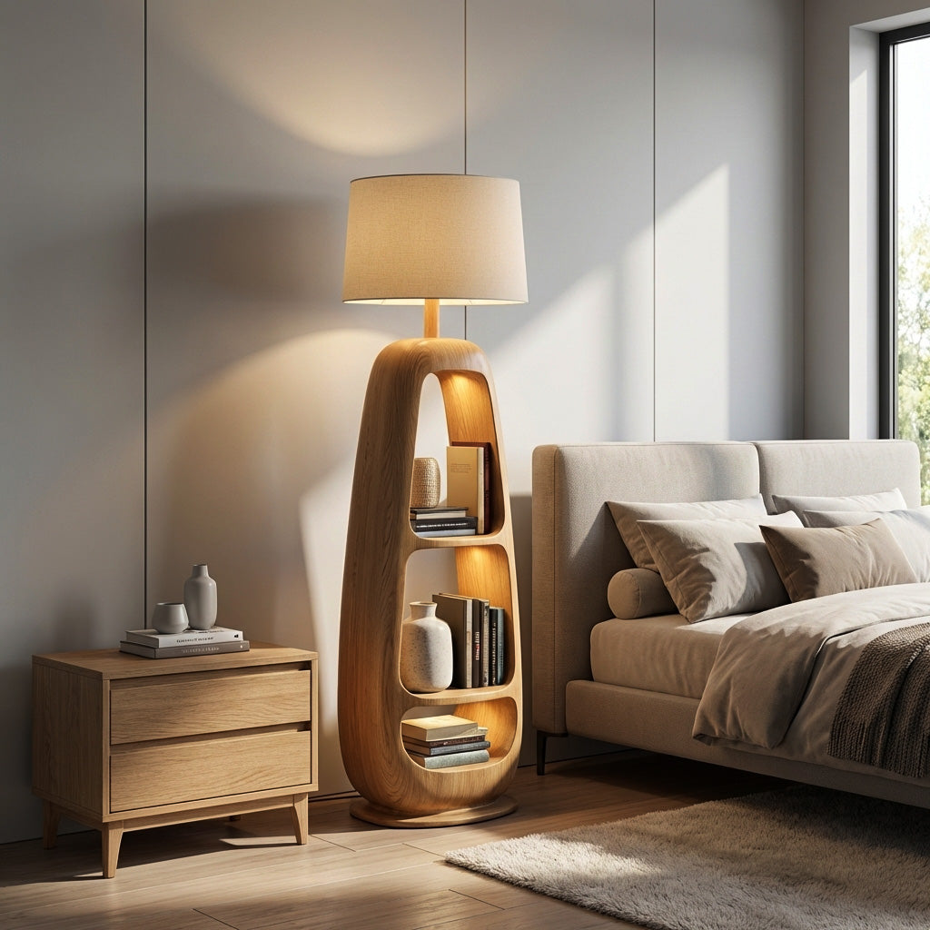 Minimalist Wooden Floor Lamp With Multiple Shelves For Living Decor