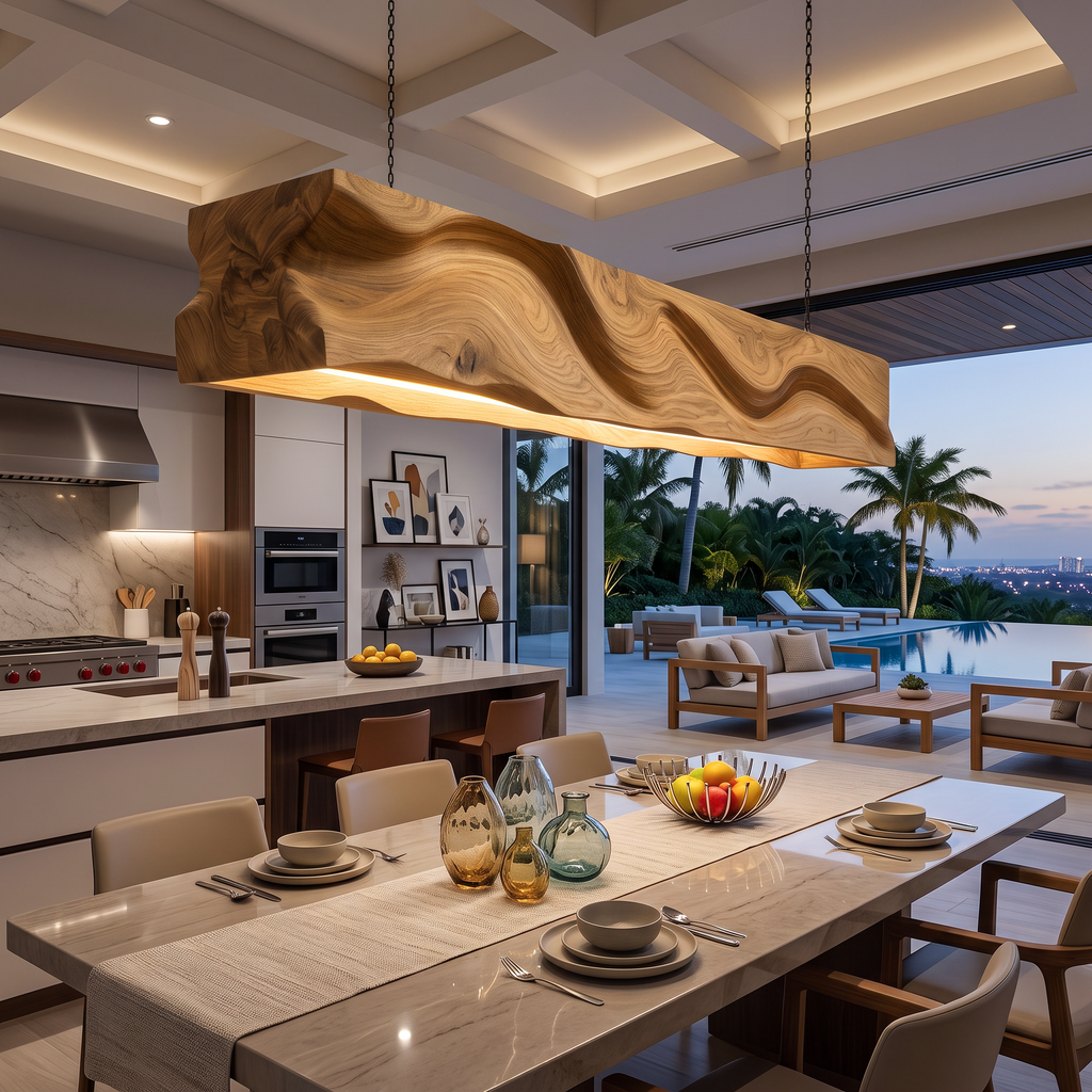 Handcrafted Pendant Light With Wave Carved Surface For Kitchen