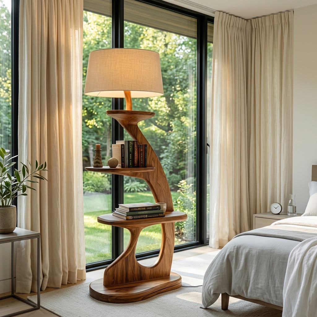 Modern Wooden Floor Lamp With 2-Tier Shelving Unit For Home