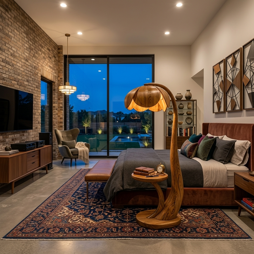 Contemporary Wooden Floor Lamp With Sculptural Flower Shape For Interior