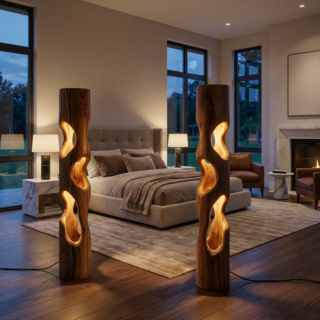 Rustic Wooden Floor Lamp With Sculptural Hollow For Cozy Bedroom