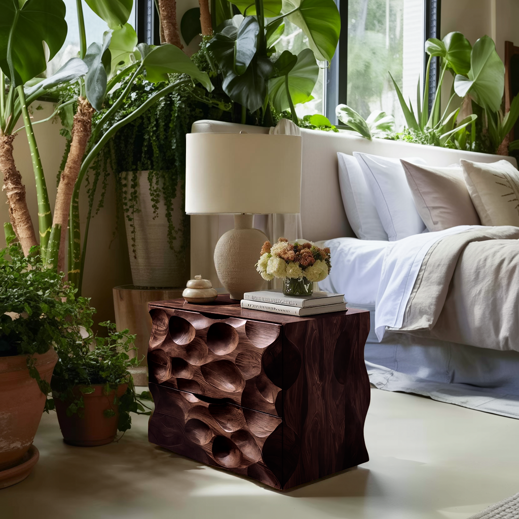 Carved Nightstand With Two Drawers For Bedroom